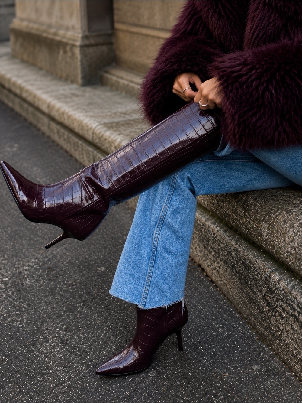 Zara knee-high burgundy boots in 100% cow leather with embossed croc effect 6